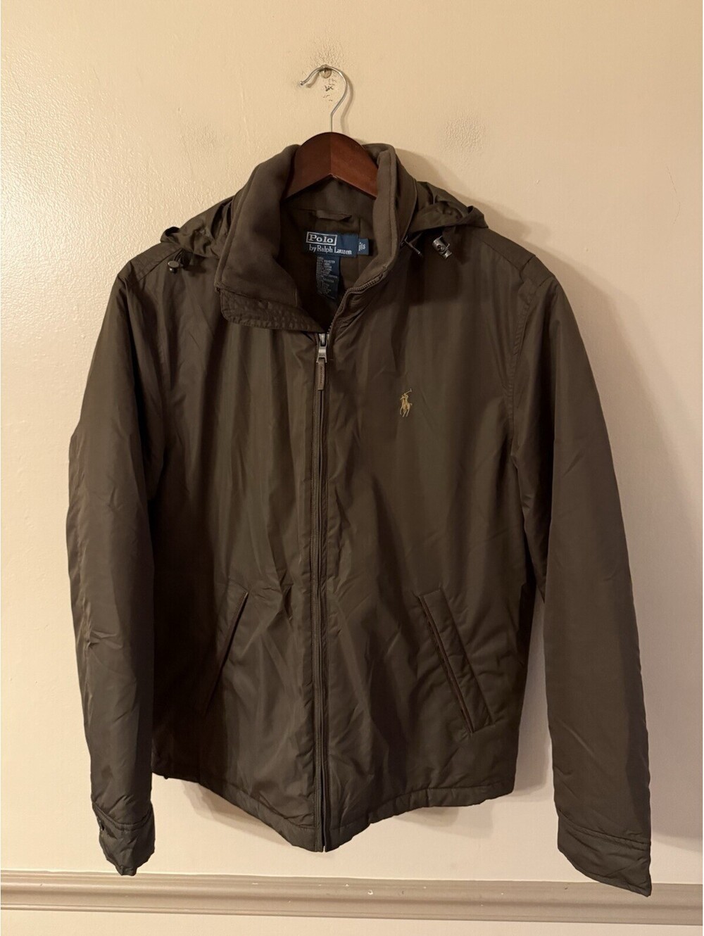 Polo Ralph Lauren Calf Leather Trim Hooded Lined Jacket Size S Dark Olive/Brown